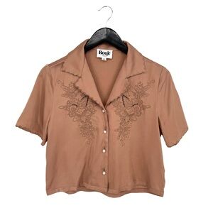 Rouje Short Sleeve Cropped Floral Embroidered Cut-Out Blouse Blush Tan 34 Small